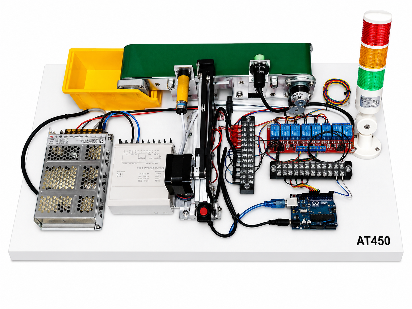 AT480 ชุดเรียนรู้+ชุดทดลอง นับชิ้นงานบนสายพานลำเลียง Automation Metal Detector+Counter+Rejector+Towler Light