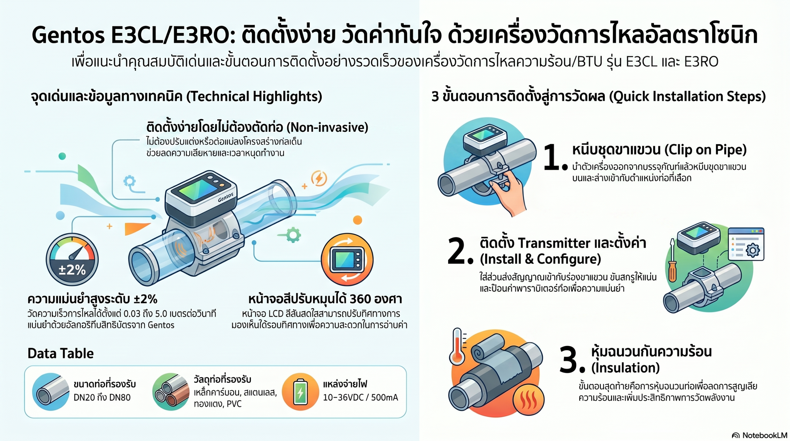 SSW302 เครื่องวัดการไหลของน้ำ Ultrasonic Water Flow Meter DN20 pFlow E3RO RS485-Relay Steel Galvanize - Image 2