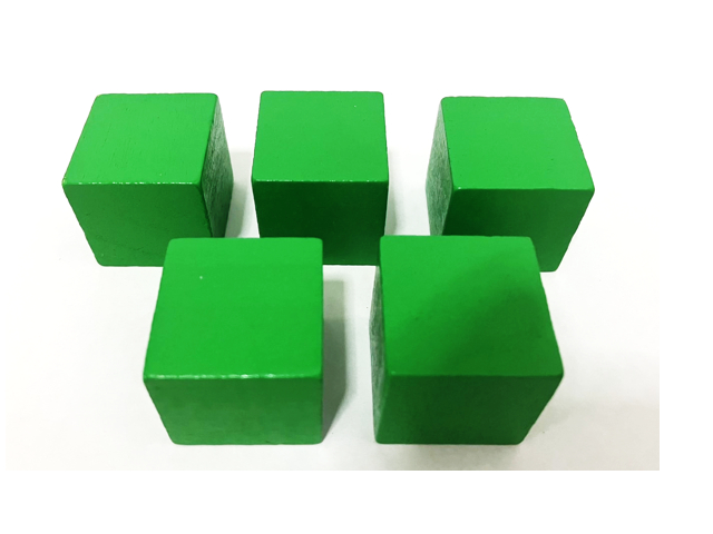 BXW250 ชิ้นงานลูกบาศก์ ไม้ Wood Cube 2.5cm สีเขียว set 5 ชิ้น